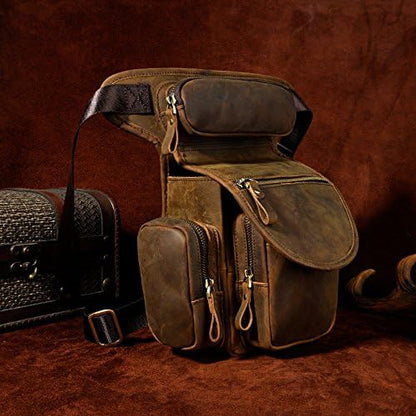 Le'aokuu Mens Genuine Leather Motorcycle Cycling Hip Bum Fanny Belt Waist Pack Drop Leg Thigh Messenger Bag 3109