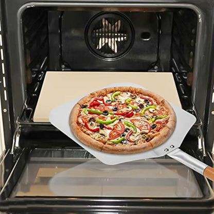 Mimiuo Pizza Stone and Peel Set, Square Pizza Stone for BBQ Oven and Grill, 12 x 14 inch Aluminum Pizza Peel Paddle with Long Wooden Handle, 28" Overall