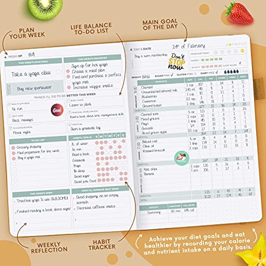 Clever Fox Wellness Journal – Weekly & Daily Health and Wellness Log, Food Journal & Meal Planner Diary for Calorie Counting, A5 (Amber Yellow)
