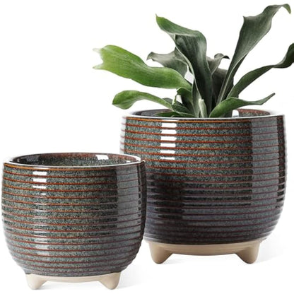LE TAUCI Ceramic Plant Pots, 12 + 16 cm Footed Pots for Plants, Cute Modern Flower Pots for House and Office, Small Indoor Planters with Drainage, Reactive Glaze Black