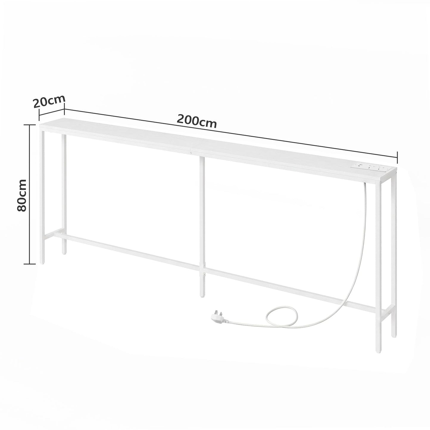 MAHANCRIS Console Table with Power Outlet, 200 cm Narrow Sofa Table, Industrial Entryway Table with USB Ports, Behind Couch for Entryway, Hallway