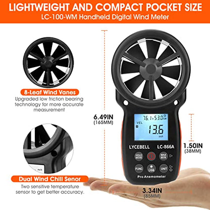 LYCEBELL Handheld HVAC Anemometer LC-866A, Pro Digital Wind Speed Meter for Wind Velocity CFM Measuring, Air Flow Meter, USB Connect to PC, Balance