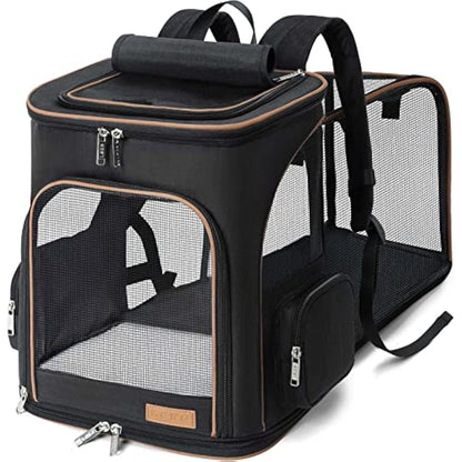 Lekesky Expandable Cat Carrier Backpack - Portable Breathable Rucksack for Medium and Small Cats & Dogs, Foldable with Inner Escape-proof Leash and Pet Mat, Supports 20 lbs (Black)