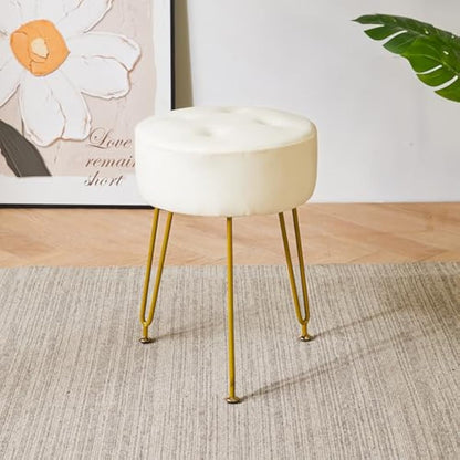 IBUYKE Faux Leather Round Footrest Stool, Makeup Vanity Stool Side Table, PU Dressing Table Seat, Pouf Couch Stool, Golden Steel Legs, White L/G-31W