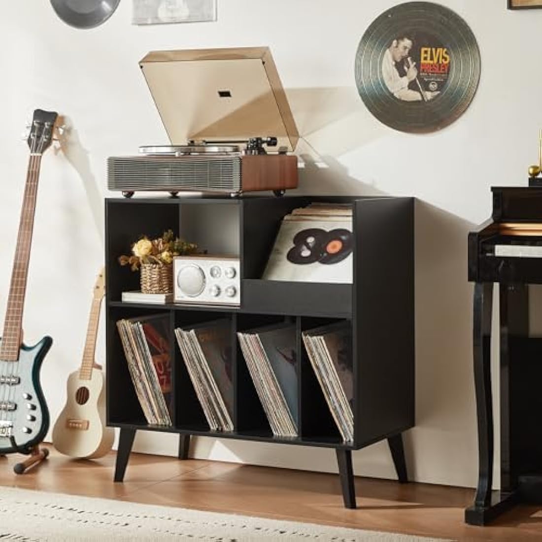 Large Record Stand With Storage and Shelf - Vinyl Holder With Presentation Surface for Up to 300 Albums - Music Room and Living Room Storage Solution