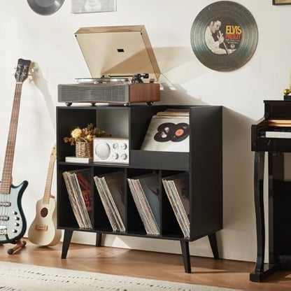 Large Record Stand With Storage and Shelf - Vinyl Holder With Presentation Surface for Up to 300 Albums - Music Room and Living Room Storage Solution
