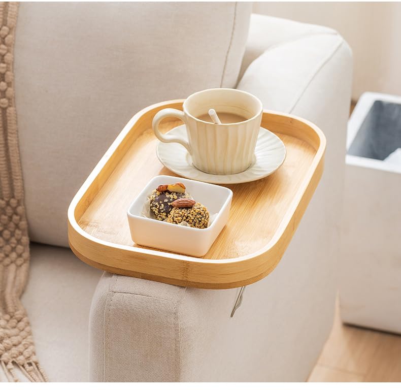 Hosoncovy Bamboo Wooden Sofa Arm Tray with Clip, Chair Coach Armrest Table Organizer (Rectangular - Yellow)