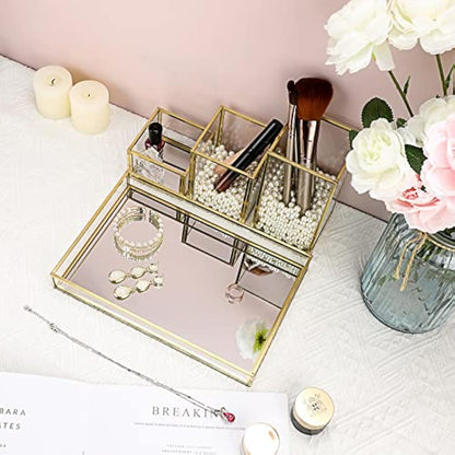 Tolida Gold Glass Combined Cosmetic Box with Stackable Makup Brush Holer and Jewelry Tray, Cosmetic Brush Eyeliner Display, Pen Pencil Holder with Mirrored Vanity Tray for Dresser Bathroom Bedroom