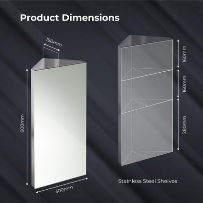 iBathUK Storvue Wall Mounted Corner Bathroom Mirror Cabinet, Frameless Triangular Silver Mirror, Magnetic Catch, Modern Bathroom Storage