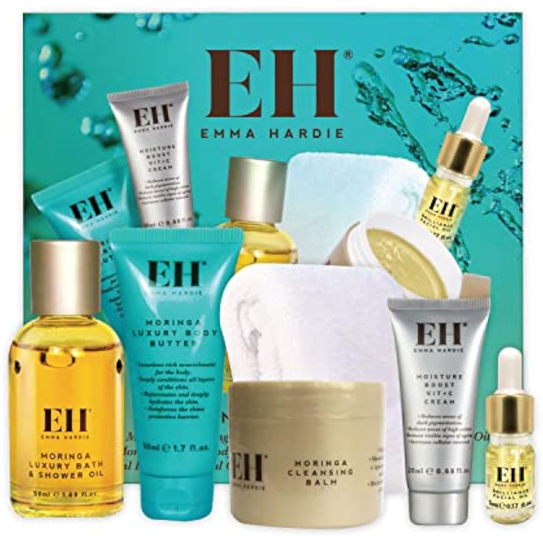 Emma Hardie 5pcs Amazing Travel Kit: 30ml Moringa Cleansing Balm, 50ml Moringa Luxury Bath & Shower oil, 50ml Moringa Luxury Body Butter, 20ml Moisture Boost Vit C Cream, 5ml Brilliance Facial Oil