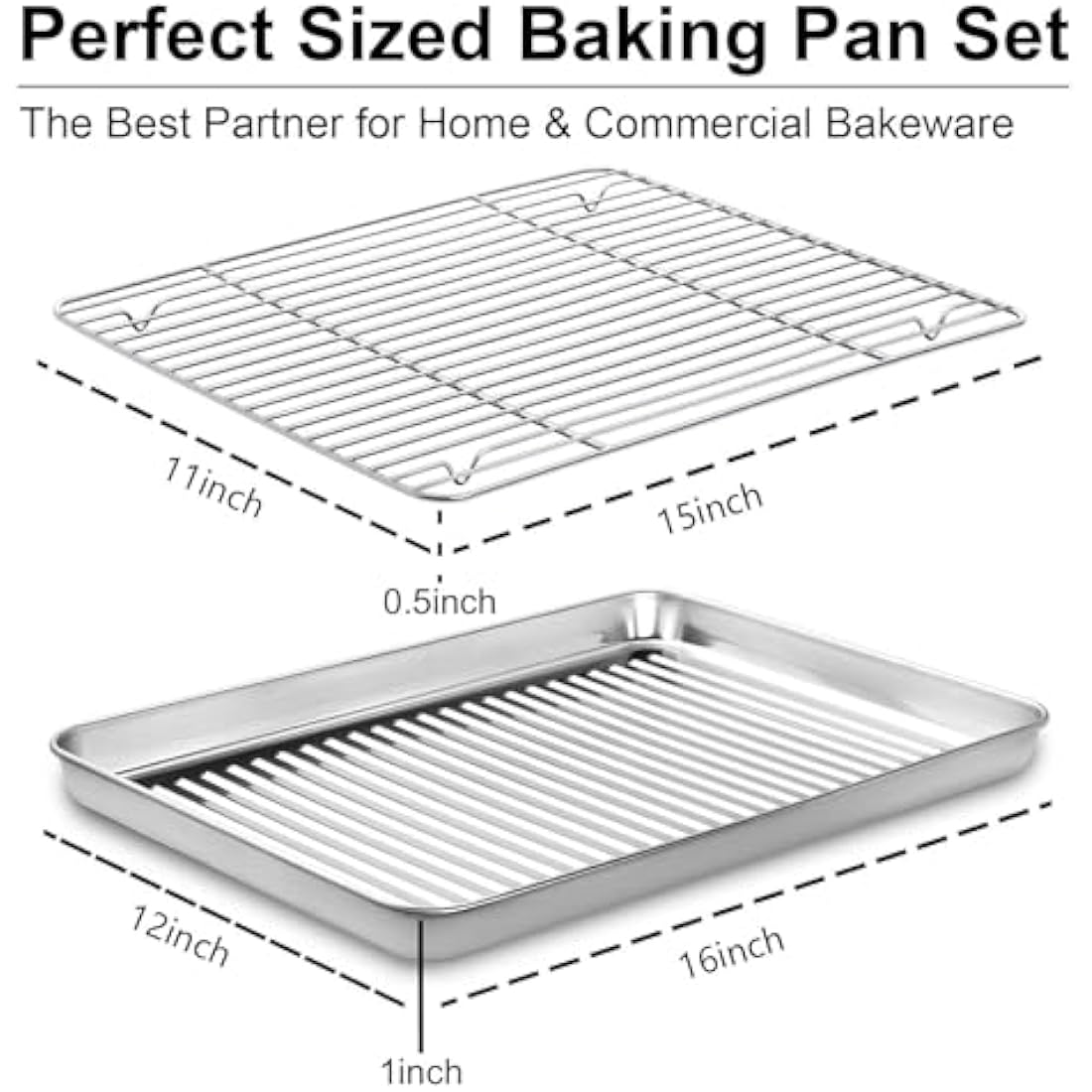Baking Tray & Rack Set [2 Sheets + 2 Racks], Stainless Steel Non Stick Oven Tray with Rack, Large Cookie Sheet Pan for Baking Cooking, Heavy Duty, Easy Clean, Dishwasher Safe (16 x 12 x 1 inch)