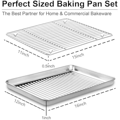 Baking Tray & Rack Set [2 Sheets + 2 Racks], Stainless Steel Non Stick Oven Tray with Rack, Large Cookie Sheet Pan for Baking Cooking, Heavy Duty, Easy Clean, Dishwasher Safe (16 x 12 x 1 inch)