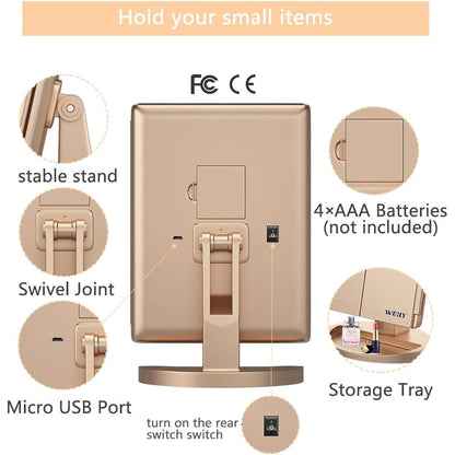 WEILY Tri-Fold Makeup Mirror with 2X/3X Magnifying 21 LEDs, 2 Power Supply Mode, Touch Switch Tabletop Cosmetic Mirror (Gold)