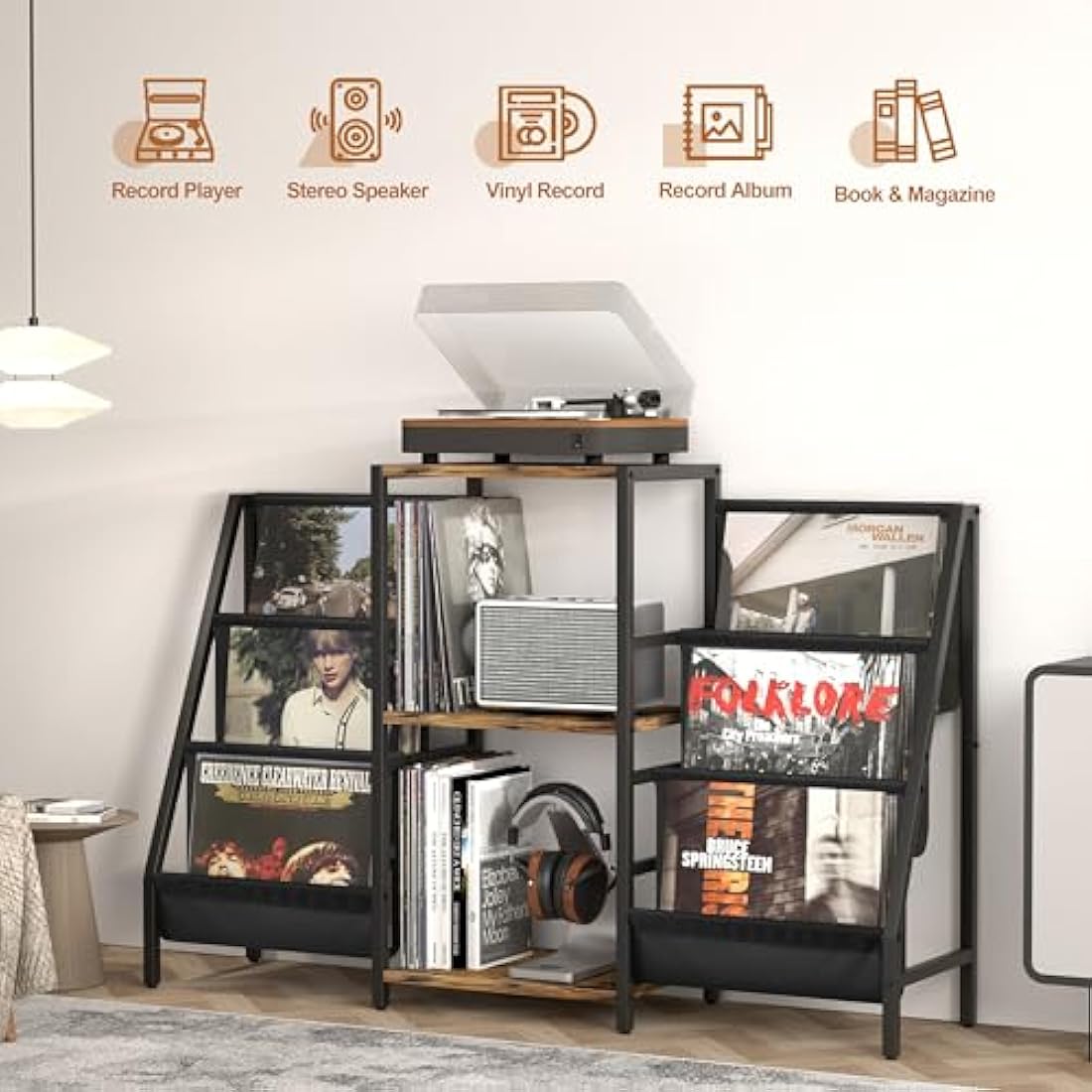 Bikoney Record Player Stand with 280 Album Vinyl Storage, Turntable Cabinet with CD Rack Media Console for Home Audio, Stereo & Vinyl Record Display