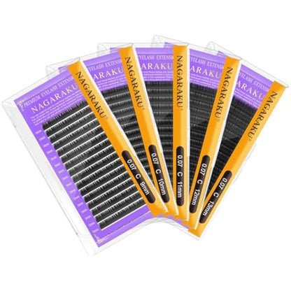 NAGARAKU 5 Trays Eyelash Extensions Supplies Classic 1:1 Lashes Individual Volume Lash Extensions Soft Single Natural Eyelashes Matte Black 16 Rows (0.07mm C Curl 9/10/11/12/13mm in 1 Pack)