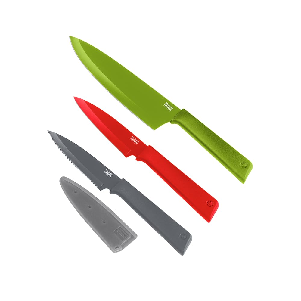 Kuhn Rikon Colori+ Culinary 3 Pc Kitchen Knife Set: 1 Chef, 2 Paring Knives. Stainless Steel Blades. 3 Year Kuhn Rikon Guarantee, Green, Red & Dark