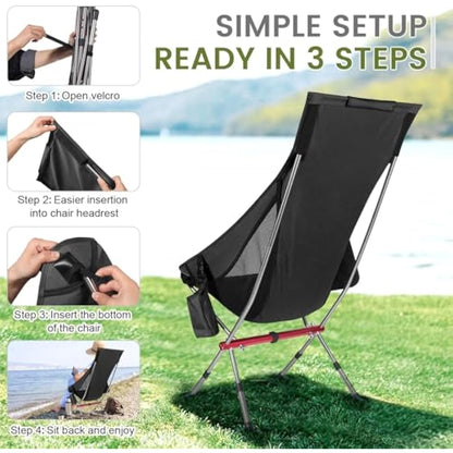 OKYUK New Foldable Camping Chair-High Back Support, 2 Storage Pouches, Adjustable Height, Lightweight Carry Bag – Perfect for Outdoor Adventures, Hiking, Beach Lounging, and Fishing Trips(Black)