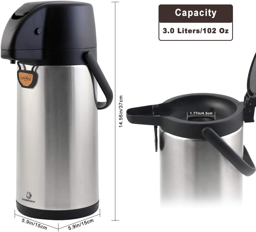 Airpot Coffee Carafe - TOMAKEIT Thermal Beverage Dispenser Insulated Pump Action Airpot for Hot/Cold Water (Lever Pump)