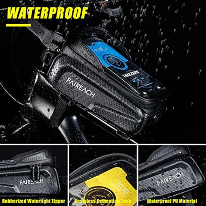 Faireach Bike Handlebar Bag with Mobile Phone Holder, Bicycle Frame Top Tube Pouch, Waterproof Cycle Cell Phone Mount with Touch Screen Window, for iPhone Samsung Smart Phone up to 6.8''