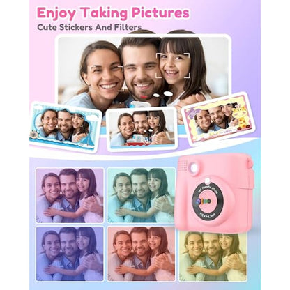 YORKOO Kids Instant Camera with Photo Paper, 1080P HD Digital Camera for Girls, Creative Gift for Children Age 4-10, Video Recorder, 32GB SD Card - Pink