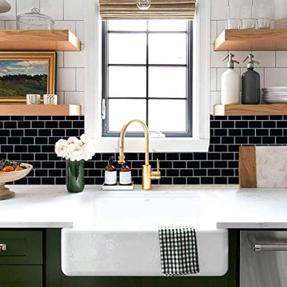 (10-Sheets) Peel and Stick Subway Tile Stickers, Self Adhesive Wall Tiles, Stick on Tile Splashback for Kitchen & Bathroom Black