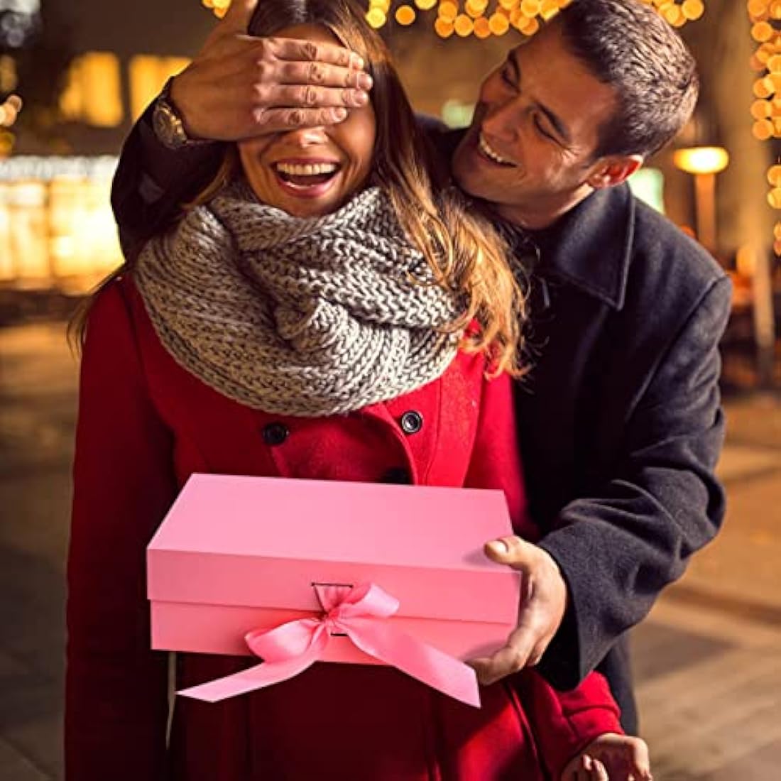 Christmas Pink Gift Box with Ribbon, Luxury Premium Magnetic Present Boxes with Lids, Large Rectangle Gift Packaging Decorative Presentation Box for Present Gifts, with Shredded Paper, Cards