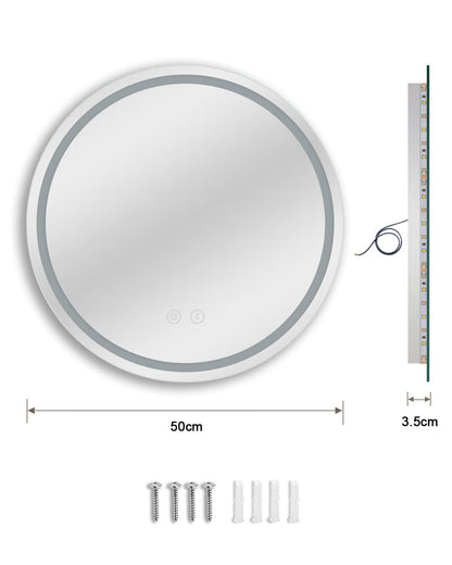 Dripex 500mm Round Bathroom Mirror with LED Light, Illuminated Circle Wall Mounted Vanity Makeup Mirror with Demister, Anti-fog, 3-Color Dimmable LED