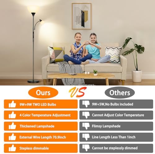 OUTON LED Dimmable Floor Lamp with Touch Control & Remote & App Control, Uplighter Mother and Child Floor Lamp with Reading Lamp, 1 Hour Timer, Tall Standing Lamp for Living Room, Bedroom, Office