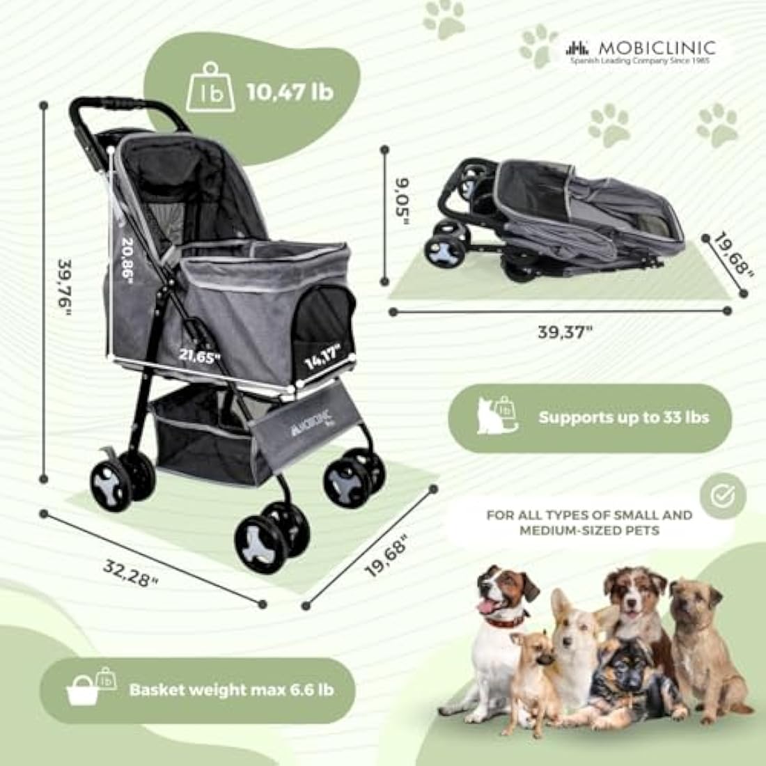Mobiclinic® Pets Foldable Dog Pram, Up to 15 kg, Ideal for Small Dogs, Pet Stroller, Zuma, Wheels with 360° Brakes, XXL Basket, 3 Windows with Zip and Mosquito Net, Cup Holder
