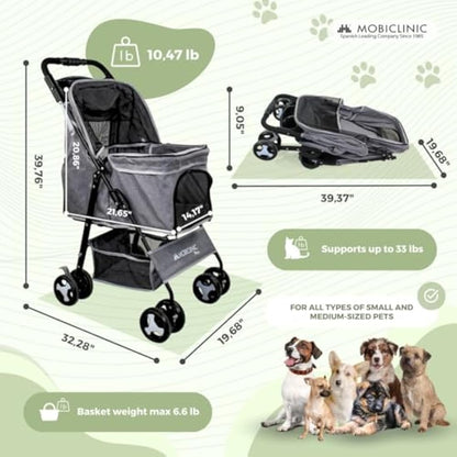 Mobiclinic® Pets Foldable Dog Pram, Up to 15 kg, Ideal for Small Dogs, Pet Stroller, Zuma, Wheels with 360° Brakes, XXL Basket, 3 Windows with Zip and Mosquito Net, Cup Holder