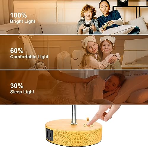 Wondlumi Bedside Lamps Set of 2, Modern Table Lamp with Type C & USB A Charging Ports, 3 Way Dimmable Table Light with Yellow Kraft Lampshade for