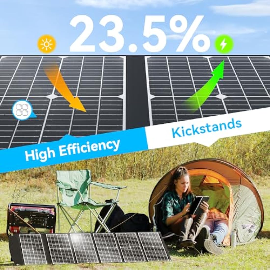 Ecosonique 100W Portable Foldable Solar Panels Charger Fast Charging with USB-C PD3.0 USB-A QC3.0 DC 20V Lightweight with Kickstand for Camping Power Station Solar Generators Cell Phones Power Banks
