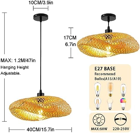 Schindora Bamboo Lampshade,Light Straw Retro Hat Pendant Light Creativity Pendant Light Fixtures Weaving Pendant Lighting Ceiling for Restaurant Tea Room Bedroom Living Room Cafe,50Cm