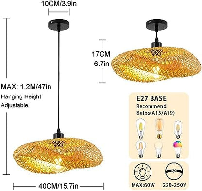 Schindora Bamboo Lampshade,Light Straw Retro Hat Pendant Light Creativity Pendant Light Fixtures Weaving Pendant Lighting Ceiling for Restaurant Tea Room Bedroom Living Room Cafe,50Cm