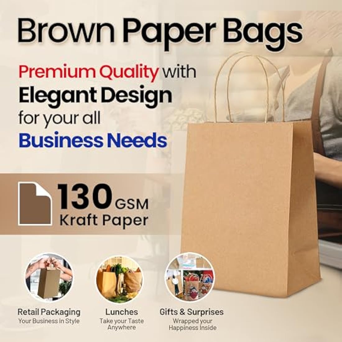 HURUC 20 Pcs Brown Paper Bags With Handles,130GSM, Small Paper Gift Bags, Eco-Friendly Kraft Shopping Carrier, Christmas, Easter, Birthday Parties & Merchandise Retail 18x24x8cm