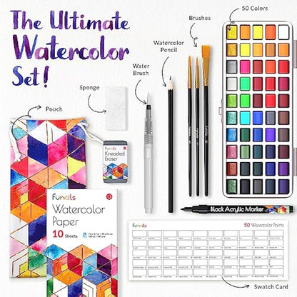 Funcils Watercolour Paint Set - Water Colour Paints Sets for Adults, Beginners | 50 Artist Quality Professional Watercolour Paints - Travel Watercolour Set, Painting Art Supplies, Kids Paint