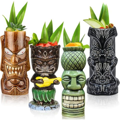 Tiki Mugs Glasses Mug for Cocktails Set of 4 Large Ceramic Tropical Cups Hawaiian Party Creative Cocktail Glass Drinks Bar Drinkware Premium Tropical Exotic Cute Barware 4 Packs