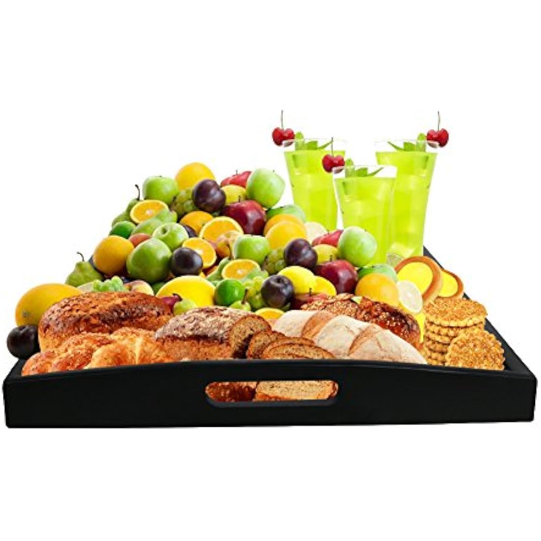 Wooden Serving Tray Large Black Wood Rectangle Food Breakfast Tray With Handles (Large)