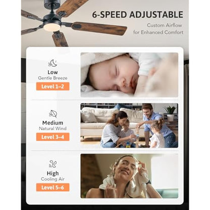 VONLUCE Ceiling Fans with Lights and Remote, 52 Inch Ceiling Fan with 5 Blades, Indoor Modern Ceiling Fan with Reversible DC Motor 6 Speeds for Bedroom Living Room Patio Farmhouse, Black Rustic Brown