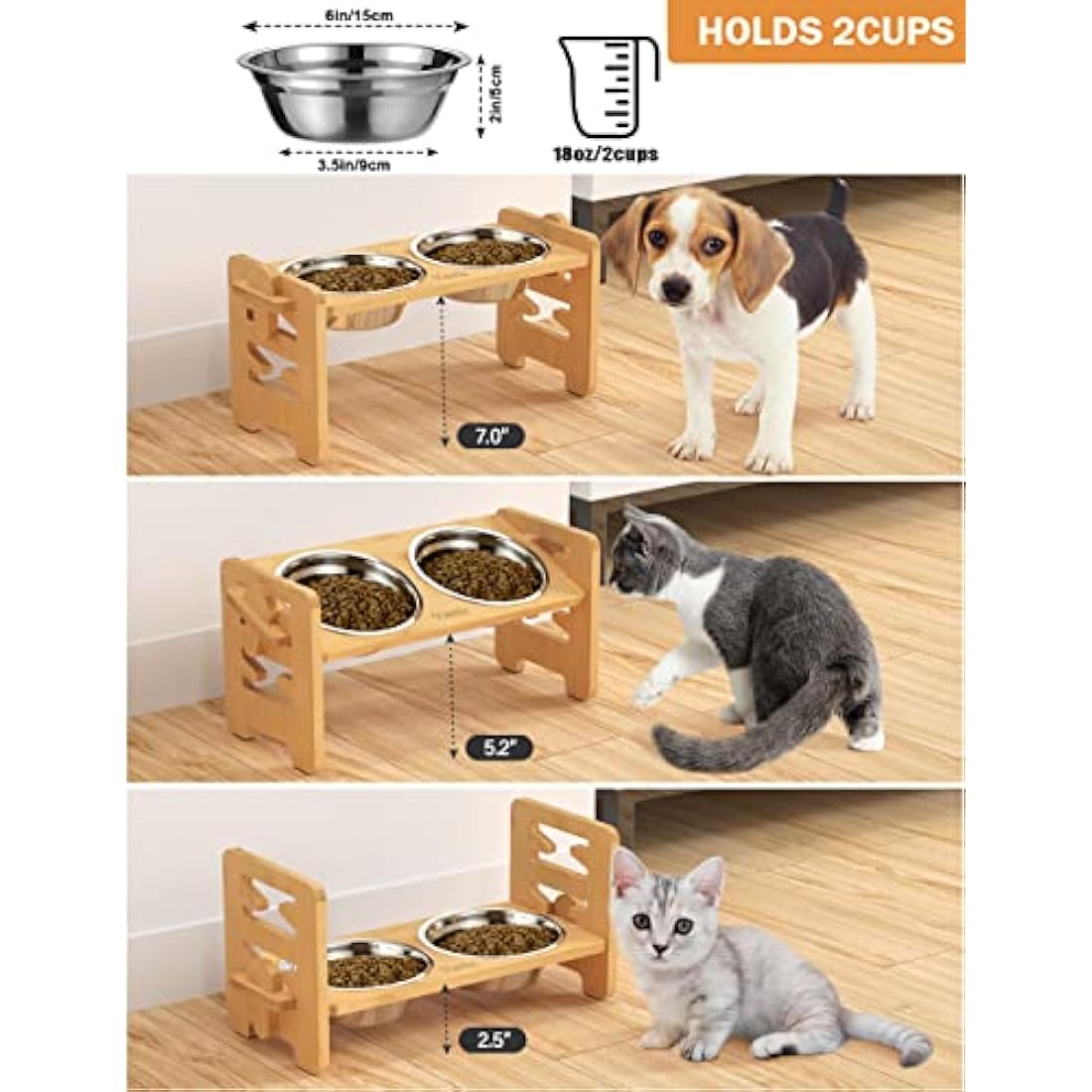 Vantic Raised Dog Bowls with Stand, 6 Heights Adjustable Bamboo Dog Feeding Station with 2 Stainless Steel Bowls, 17cm High