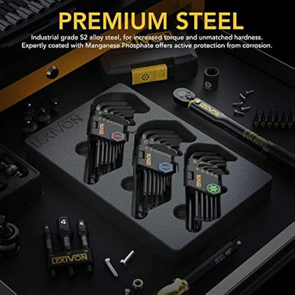 LEXIVON Master Wrench Key Set, 35-Piece Long Arm Ball End Hex Keys | 3-Pack Metric/SAE & Star, Industrial Grade S2 Alloy Steel (LX-131)