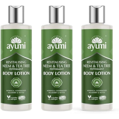 Ayumi Neem & Tea Tree Body Lotion | Oil Control Moisturiser for Oily Skin | Acne Cream with Witch Hazel | Nettle Leaf Hand Cream to Soothe Irritation | Body Moisturiser for Men & Women | 3 x 250ml