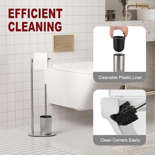 BVL Toilet Roll Holder with Toilet Brush Brushed, Stainless Steel Free Standing Toilet Brush, Toilet Brush and Toilet Paper Holder