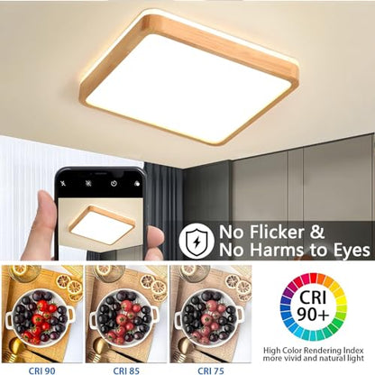 YYUTLUO LED Ceiling Light Wood, Top 360 Glow Square Natural Wooden Lamp | Dimmable with Remote Control 2700K-6500K, 30W | Living Room, Dining Room,