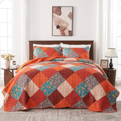 Qucover Quilted Bedspread Super King, Multicolour Print Red Orange Blue Patchwork Quilt with 2 Pillow Shams, All Seasons Lightweight Soft Microfiber