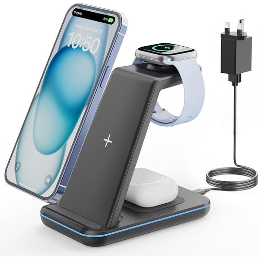 GEEKERA Wireless Charger Stand, 3 in 1 Wireless Charging Station for iPhone 16/15/14/13/12/11/Pro Max/XS/XR/X/8, Fast Charging Stand for Apple Watch 2-Ultra, Docking Station for AirPod 4/Pro/3/2-Black