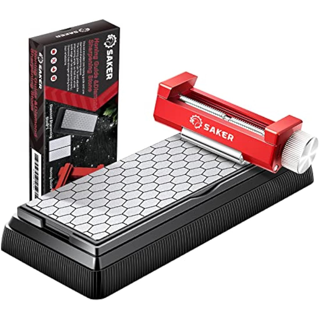 Saker Honing Guide with Whetstone - Red Off-Center Upgraded Honing Tool and Diamond Sharpening Stone Set Kit for Kitchen Knife, Short Chisels and Planes, Fine/Coarse Plate, 400/1000/Grit