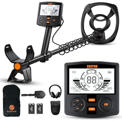 SUNPOW Metal Detector for Adults Professional, High-Tech with DSP Chip and Structure, 3 Pieces Custom, 30cm Waterproof Coil, 2 x LCD Display, 5 Modes, Adjustable Length (50 cm - 150 cm), Stable Spiral