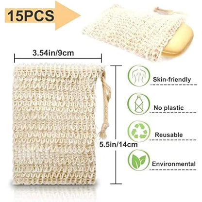 KIPETTO 15Pcs Soap Saver Bag Natural Sisal Exfoliating Soap Pouch Drawstring Soap Bags for Shower Bath, 5.5"x3.5"