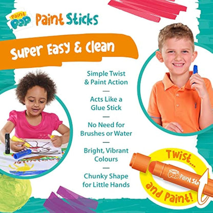 Paint Pop - Paint Sticks For Kids - 12 Pack Assorted Colours - Twist & Paint, Mess-Free, Fast Drying Action, Easy Clean Up, Vibrant Colours, Multi-Surface